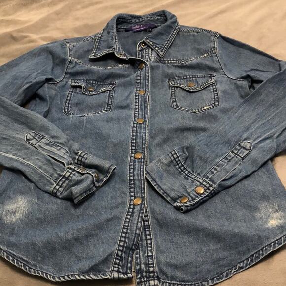 Miley Cyrus & Max Azria Distressed Denim Shirt Juniors Size Medium Snap Front - Picture 4 of 7